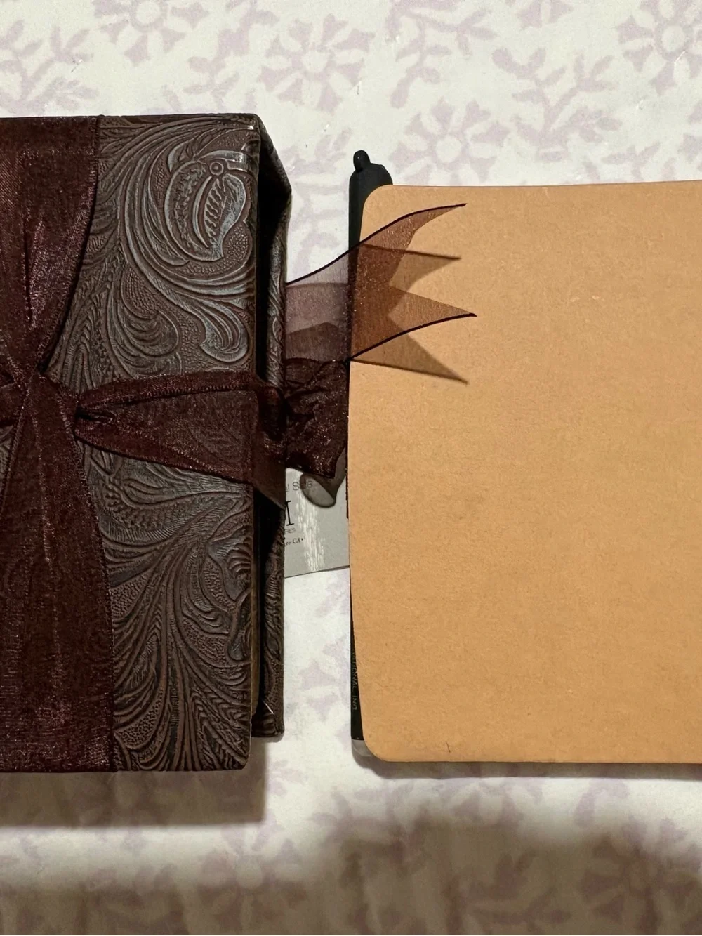TYM Brown Floral Spiral Notebook with Colored Sticky Tabs and Black Pen